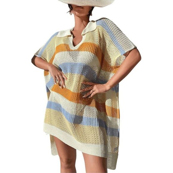 Maeve by Anthropologie Cream Yellow Rust Aqua Striped Open Knit Polo Beach Cover - Picture 2 of 9